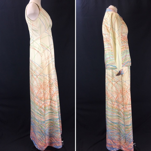 Vintage 70s Two Piece Cream & Neon Scribbles Dress - Picture 3 of 6